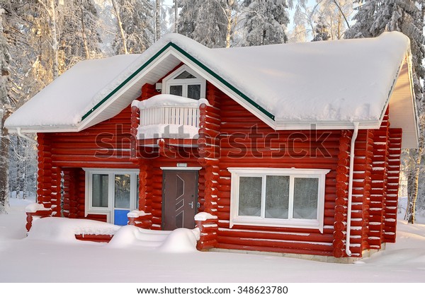 Wooden Cottage Red Painted Logs Snowcovered Stock Photo Edit Now