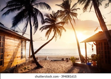 Wooden cottage with sea view in tropical resort with curved coconut palm trees and sunbed on the beach at beautiful sunset