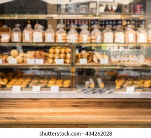 Wooden Counter With Bakery Shop Background