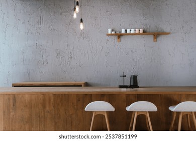 Wooden counter or bar and wooden shelves on a rough cement wall. Coffee shop or home decoration. Modern style decoration. - Powered by Shutterstock