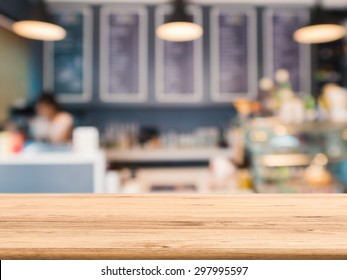 Wooden Counter Top With Bakery Shop Blurred Background