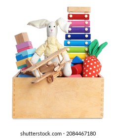 Wooden crate with different cute toys on white background