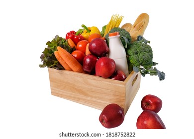 Wooden Crate With Multi Collor Vegetables , Fruit, Milk And Baguette Isolated On White Background. Grocery In Wood Crate . Save With Clipping Path