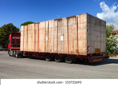 Wooden Crate On Oversize Load  Truck Shipment