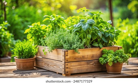 Wooden crate with a variety of fresh green potted culinary herbs growing outdoors in a backyard garden