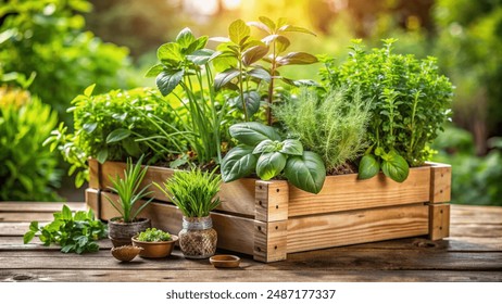 Wooden crate with a variety of fresh green potted culinary herbs growing outdoors in a backyard garden - Powered by Shutterstock