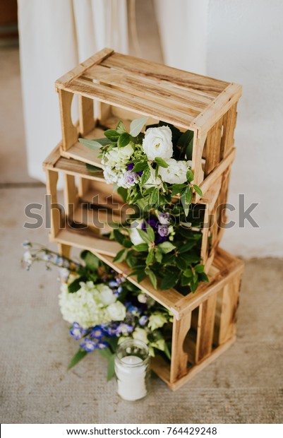 Wooden Crates Flowers Candles Wedding Decoration Stock Photo Edit