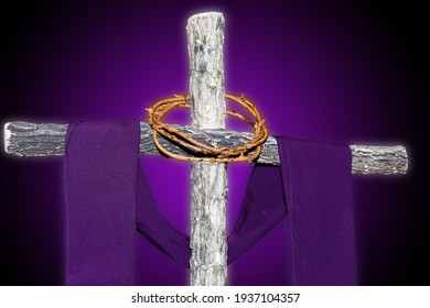 Wooden Cross With Crown Of Thorns And Purple Fabric, Catholic Symbols, Time Of Lent