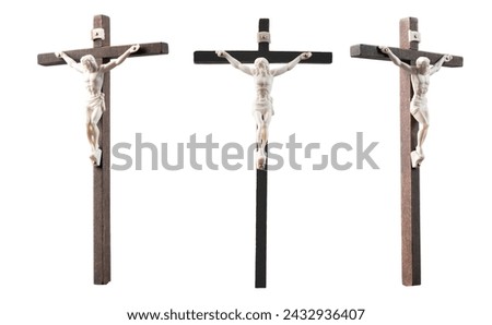 Wooden cross isolated on white background. Crucifix with figure of Jesus on white background. Crucified Jesus Christ