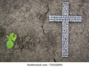Wooden cross with the Lord's prayer on the cracked earth with a green plant background. - Shutterstock ID 719233093