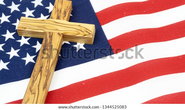 Wooden Cross On American Flag Stock Photo (Edit Now) 1344525083