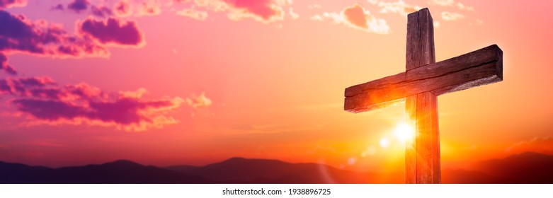 Wooden Cross At Sunrise With Mountain Landscape - Crucifixion And Resurrection Of Jesus Christ