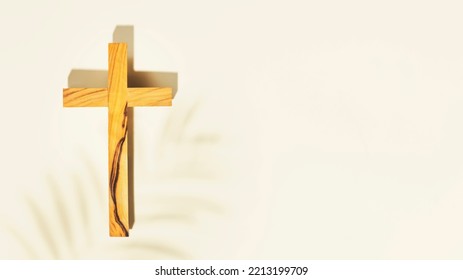 Wooden Crucifixion With Palm Leaf Shadow On Light Background With Copy Space. Religion Background Suitable For Faith Religion, Christian Holidays, Easter, Redeemer, The Feast Of Corpus Christi