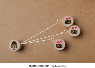 Wooden cube blocks with scammer and envelope symbols. Love scam and trap concept. - Shutterstock ID 2239691319