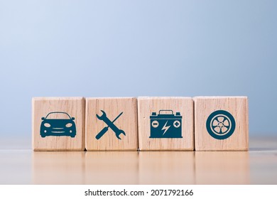 Wooden Cube With Garage, Engine, Car Dashboard Icons Set. Car Service Auto Mechanics Concept.