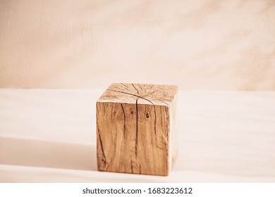 The Wooden Cube As A Product Display. A Podium For Advertising Layouts With Your Product.