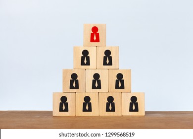 Wooden Cube Stacking As A Pyramid With Human Icon On White Background. Concept Of Human Resources Management And Recruitment Business