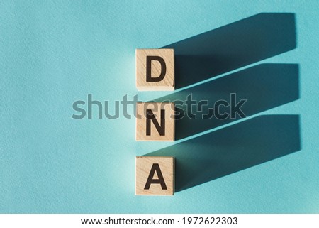 Wooden cubes building word DNA on light blue background.