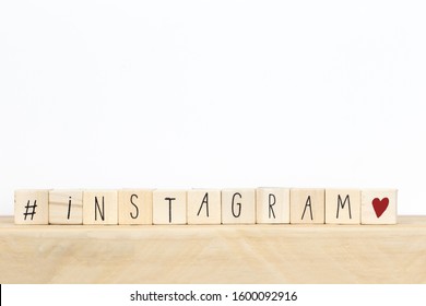 Wooden Cubes With A Hashtag And The Word Instagram, Social Media Concept Background Close-up