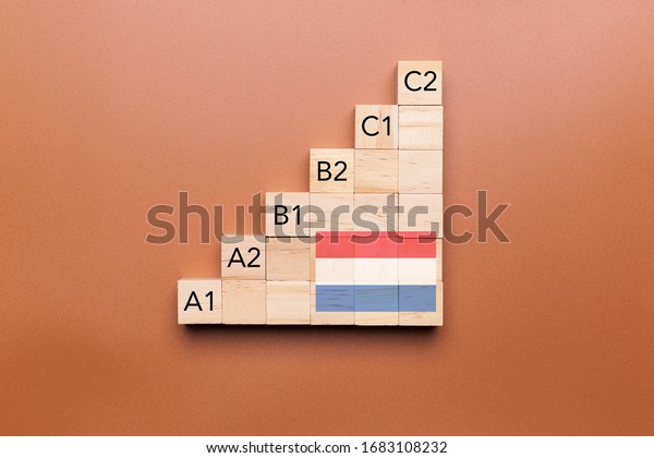 Wooden cubes with language levels, concept\
of learning and improvement. Dutch\
language