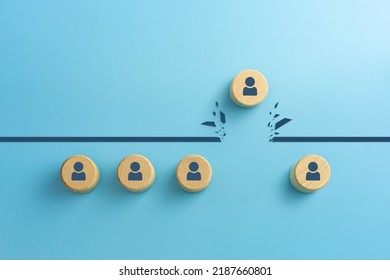 Wooden Cubes With Person Icons Breaking Through Obstacle On Blue Background, Concept Of Overcoming Barriers, Goal, Target