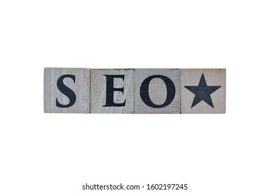 Wooden cubes showing the word SEO with white background, for designs and layouts
