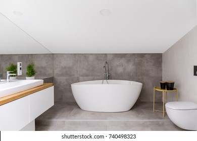 Wooden Cupboard And Mirror In Simple Grey Bathroom With Oval Bathtub Against Grey Glaze