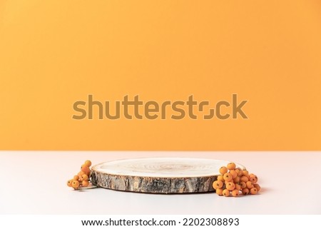 Wooden cut podium on orange background with  autumn rowan berries. Concept scene stage showcase, product, promotion sale, presentation, beauty cosmetic. Wooden stand studio empty