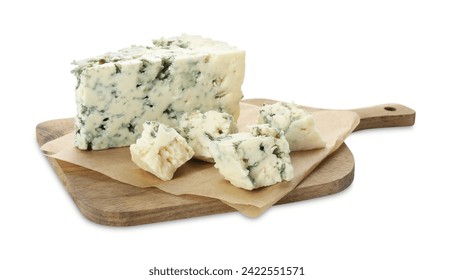 Wooden cutting board with blue cheese isolated on white - Powered by Shutterstock