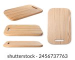 Wooden cutting board isolated on white, views from different angles