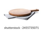 Wooden cutting board and napkin isolated on white