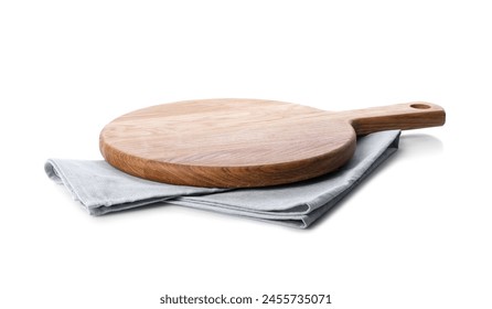 Wooden cutting board and napkin isolated on white