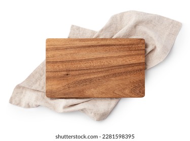 Wooden cutting board on linen napkin isolated on white background, top view - Shutterstock ID 2281598395