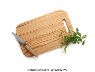Wooden cutting board with parsley and knife isolated on white, top view - Powered by Shutterstock