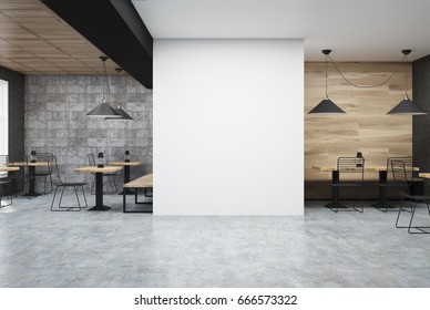 Wooden and dark gray wall cafe interior with a large white wall fragment in the center and old oil lamps on square wooden tables. 3d rendering mock up
