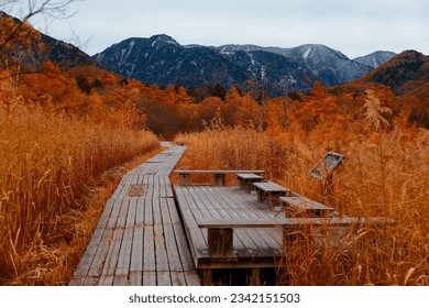 A wooden deck by a plank trail thru the grassy field with mountains in background on a bleak autumn morning in Senjogahara 戦場ヶ原, which is a preserved wetland in Nikko National Park, Tochigi, Japan