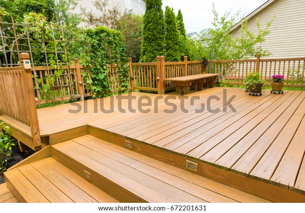 Wooden deck of family\
home.
