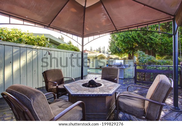 Wooden Deck Railings Gazebo Fire Pit Stock Photo Edit Now 199829276