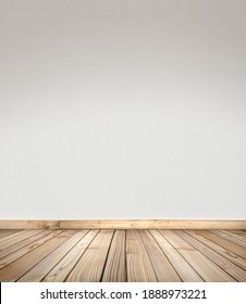 Wooden Deck Stage For Products, Things And People. Empty Rustic Wood Floor, Platform With Blurred White Wall Background. With Copy Space. Graphic Resource For Design And Mockup.