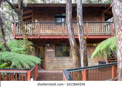 Wooden Deck And Wrap Around Porch At A Treehouse In Volcano, Hawaii