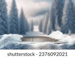 wooden desk cover of snow and frost with landscape of winter Alps. Christmas magic time. 