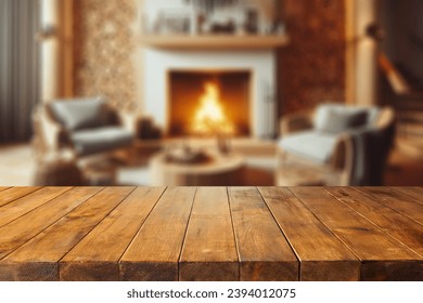 Wooden desk of free space and home interior with firerplace. Mockup background and winter december time.  - Powered by Shutterstock