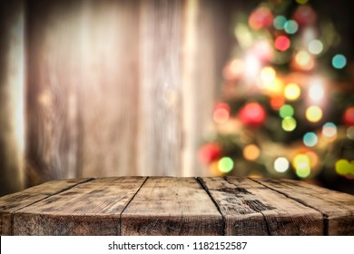 wooden destroyed table by the Christmas tree