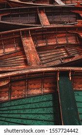 Wooden Dinghy Rowboat On Lake In Morning