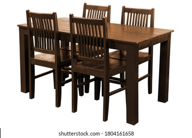 Wooden Dining Table Set Isolated On White Background, Work With Clipping Path.