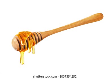 Wooden dipper with dripping honey isolated on white background, bee products by organic natural ingredients concept