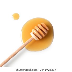 Wooden dipper and fresh honey on white background, top view - Powered by Shutterstock