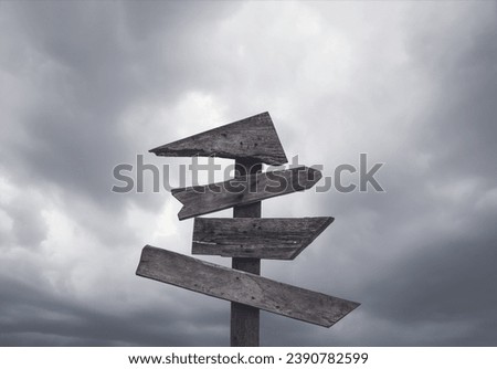 Wooden directional signpost against the overcast sky. Guidance and make the decision. Alternative ideas for resolving obstacles. Vision for the future.