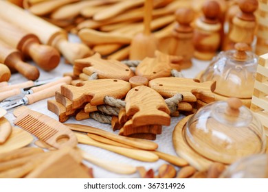 Wooden dishes, kitchenware and decorations sold on Easter market in Vilnius, Lithuania