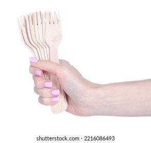 Wooden Disposable Forks In Hand On White Background Isolation